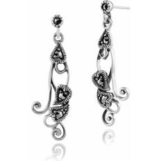 Art Nouveau Style Round Marcasite Drop Earrings in 925 Sterling Silver