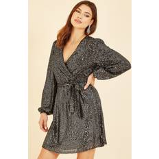 MELA Black Sequin Belted Wrap Long Sleeve Dress