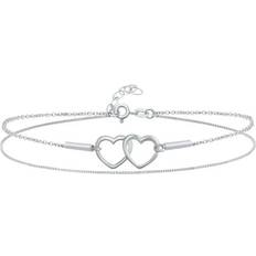 Silver Anklets Bling Jewelry Open Interlocking Hearts Double Chain Anklet Bracelet .925 Silver