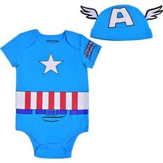 Marvel Short Sleeve Creeper with Cap, Captain America Bodysuit, Baby Romper Set, NB