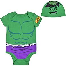 M Jumpsuits Children's Clothing Marvel Short Sleeve Creeper with Cap, Hulk Bodysuit, Baby Romper Set, Green, 9M