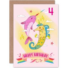 Greeting Cards Cards & Invitations ARTERY8 Wee Blue Coo Unicorn Seahorse Narwhal 4Th Birthday Greeting Card