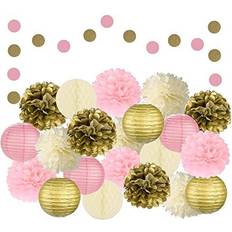 White Garlands EpiqueOne 22pc Pink Gold and Ivory Decorative Party Decoration Kit with Paper Pom Poms and Lanterns