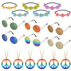 Crowns & Tiaras Hotusi 18Pcs Hippie Costume Accessory Set for 60s 70s Dressing Accessory Hippie Party Supplies 6pcs Peace Sign Necklaces 6pcs Daisy Sunflower Headbands 6pcs Retro Round Sunglasses