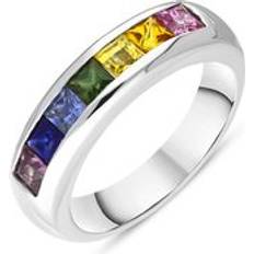Multicoloured - Women Rings C W Sellors 18ct White Gold Sapphire Princess Cut Multicolour Half Eternity Ring