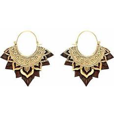 Men - Wood Earrings 81stgeneration Dangle Earrings Wood Gold Brass Carved Tribal Lotus Hoop Flower -