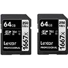 LEXAR Professional 1667x 64 GB SD Kort 2-Pack, SDXC UHS-II Minneskort, Upp till 250MB/s Läs, 120MB/s Skriv, Class 10, U3, V60, SD för professionell fotograf, videograf, entusiast LSD1667064G-B2NAA