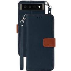 Wallet Cases Nakedcellphone Navy/Brown Wallet Case Credit Card ID Slot and Lanyard Strap for Google Pixel 6