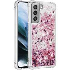 Samsung Galaxy S21 FE Mobilskal MAULUND Samsung Galaxy S21 FE 5G Skal Plast Glitter Transparent Rosa Hjärtan