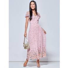 Jolie Moi Mirrored Floral Print Mesh Maxi Dress Pink