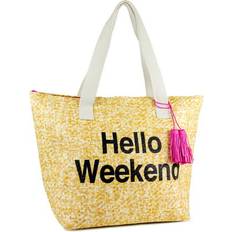 White Beach Bags Magid Hello Weekend Metallic Slogan Insulated Straw Beach Tote Ivory/Off White Ivory/Off White