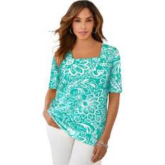 Jessica London Clothing Jessica London Plus Women's Square Neck Tee in Aqua Sea Scroll Medallion Size 18/20 Short Sleeve T-Shirt