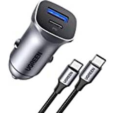 Ugreen PD/QC 30W Car Charger with a PD60W USB C Cable Dual Port Fast Charge Car Phone Adapter Compatible with iPhone 13, Galaxy S22 S21 S20, Redm