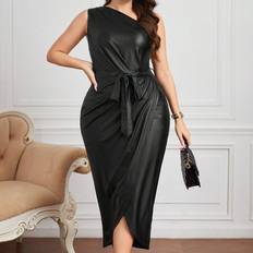 Leder Kleider Shein Plus One Shoulder Tulip Hem Belted PU Leather Dress