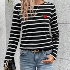 Clothing Shein Women'S Striped Long Sleeve T-Shirt With Heart Embroidery