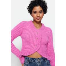 FeMan Slim Fit Basic Crew Neck Stickat Cardigan, Rosa, S, Rosa