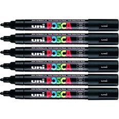 Posca Uni PC-5M Black Colour Paint Marker Pens 2.5mm Medium Bullet Tip Nib Writes On Any Surface Glass Metal Wood Plastic Fabric Pack Of 6