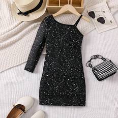 Shein Little Girls' Irregular Shoulder Sparkly Dress