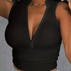 High Collar Tank Tops Shein Solid Color Stand Collar Half-Zip Slim Fit Tank Top