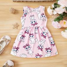 Bebisar - Festklänningar Barnkläder Shein Baby Girls' Casual Knitted Sleeveless Cat Print Empire Waist Dress