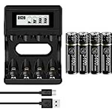 Palogreen Uppladdningsbart AA batteri med laddare 4 st 3000Wh AA-batterier Uppladdningsbart 1.5V med LCD-skärm Snabbladdare Batteriladdare 4 fack för Li-jon Mignon AA, Micro AAA batterier Batterier
