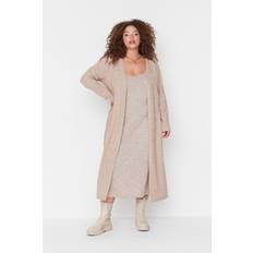 Beige - Herren Kleider Trendyol Collection Frauen Übergröße Maxi Schicht Slim Fit Gestrickt Plus-Size-Kleid