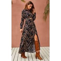 Black - Shirt Dresses FS Collection Leaf Print Black Shirt Dress With Tie Waist and Free Gold Stretch Leaf Belt 10-12