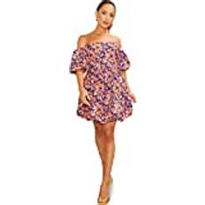 Chi Chi London Bardot Style Abstract Print Puff Ball Mini Dress in Blue