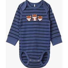 Polarn O. Pyret Baby Fox Print Striped Babygrow - Blue Denim