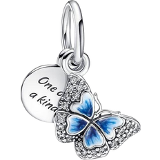 Argento Ciondoli e Pendenti Pandora Butterfly & Quote Double Dangle Charm - Silver/Blue/Transparent