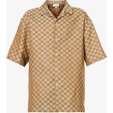 Linen Shirts Gucci Short-sleeved Gg-jacquard Linen-blend Shirt Mens Camel