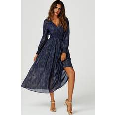 Gold - Long Dresses FS Collection Gold Stripe Foil V-Neckline Long Sleeve Maxi Dress In Navy