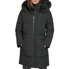 St John DKNY Women's Faux Fur Trim Puffer Coat Black