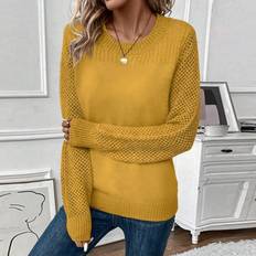 Women - Yellow Sweaters Shein Women'S Hollow Out Knit Pullover Sweater With Round Neckline