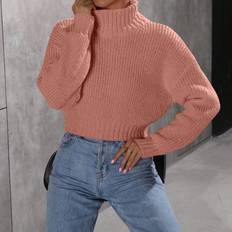 Orange - Turtleneck Sweaters Shein Turtleneck Casual Pullover Sweater, Long Sleeve