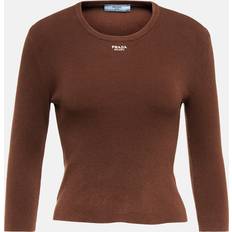 Prada Tröjor Prada Logo Ribbed Knit Cotton Blend Sweater - Brown