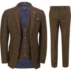 Xposed 36, Dark Oak Brown Mens Classic Tweed Piece Suit Tan Brown Herringbone Navy Check Retro Tailored Fit