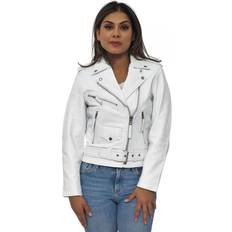 Leather Jackets - White Infinity Leather Infinity Leather Womenss Cowhide Brando Biker Jacket-Murcia White