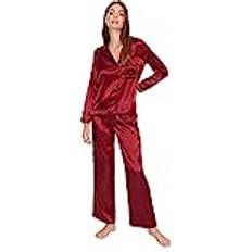 Rot Schlafanzüge Trendyol Collection Weinrotes, gewebtes Pyjama-Set mit Weihnachtsmotiv THMAW22PT1145