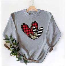 Sweaters RAWSOME T-SHIRTS Women's Valentine's Day Sweatshirt Plaid Stripe Cheeta Heart H.Grey