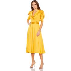 Gold - Midi Dresses Mac Duggal Satin Lapel Puff Sleeve Tea Length Dress