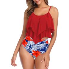 XL Tankinis Dailyhaute Women's Ruffle Tankini Two-Piece Bikini Swimsuit RED