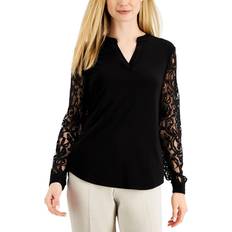 Black Blouses Kasper Women's Split-Neck Lace-Sleeve Blouse Black Black