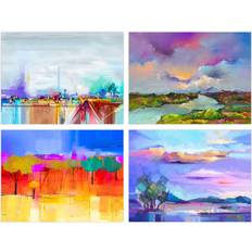 Wee Blue Coo Pack of 4 Bright Multicoloured Coastal Landscape Abstract Oil