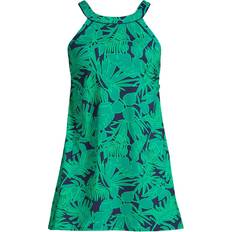 Lands' End Long Dresses Lands' End Womens Chlorine Resistant High Neck Swim Dress Navy/Emerald Palm Foliage Long Torso