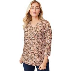 Jessica London Clothing Jessica London Plus Women's V-Neck Tee in Neutral Pretty Paisley Size 14/16 3/4 Sleeve T-Shirt