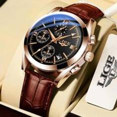 Lige 2022 Men Original Leather waterproof sports chronograph wrist Black/Gold/Multicolour