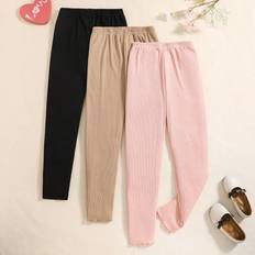 Spandex Trousers Shein Tween Girl Solid Color Ribbed Leggings
