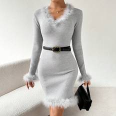 Acryl Kleider Shein V-Neck Fuzzy Detail Long Sleeve Sweater Dress, Belt Not Included