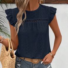 Adult - Blue T-shirts Shein Women's Solid Color Round Neck Cap - Casual